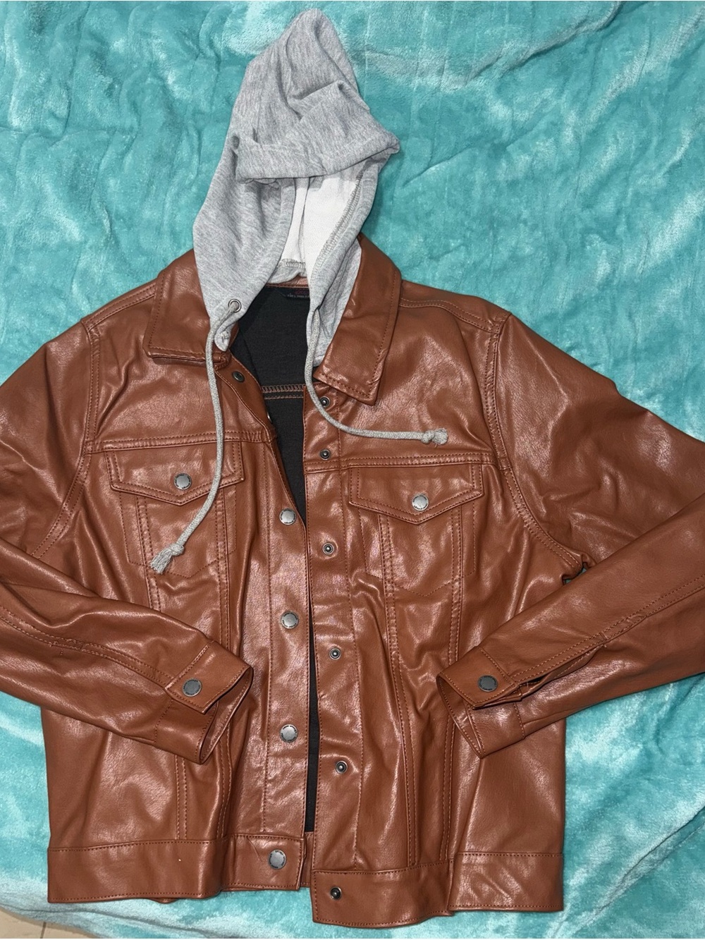 Women’s Brown Faux Leather Hooded Jacket with Snap Front